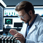 **A scientist in a lab coat working on a quantum computer. Wires and advanced tech surround him. Consider an image of him developing a new drug molecule.**