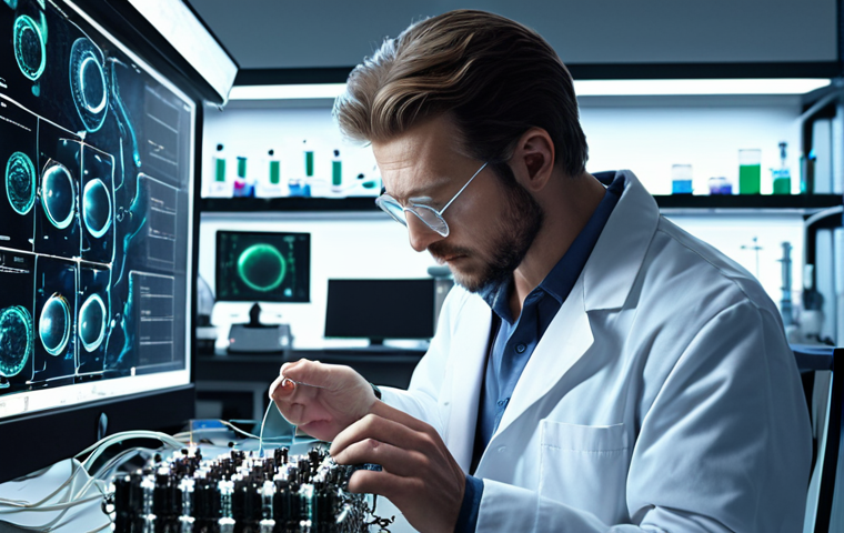 **A scientist in a lab coat working on a quantum computer. Wires and advanced tech surround him. Consider an image of him developing a new drug molecule.**