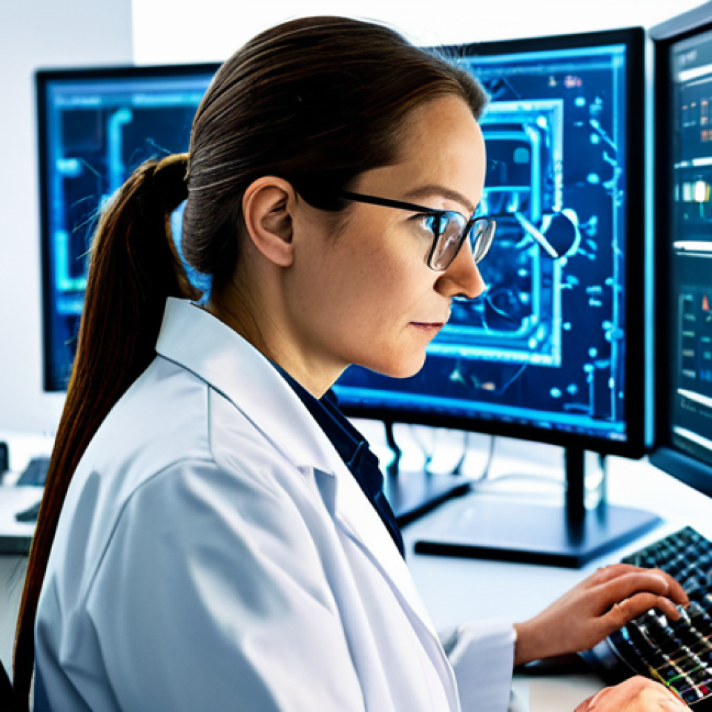 **

A professional female physicist in a modern laboratory in Stockholm, Sweden, fully clothed in a modest lab coat and glasses, working with quantum computing equipment.  Background shows complex circuitry and glowing screens.  Safe for work, appropriate content, perfect anatomy, correct proportions, well-formed hands, proper finger count, professional.

**