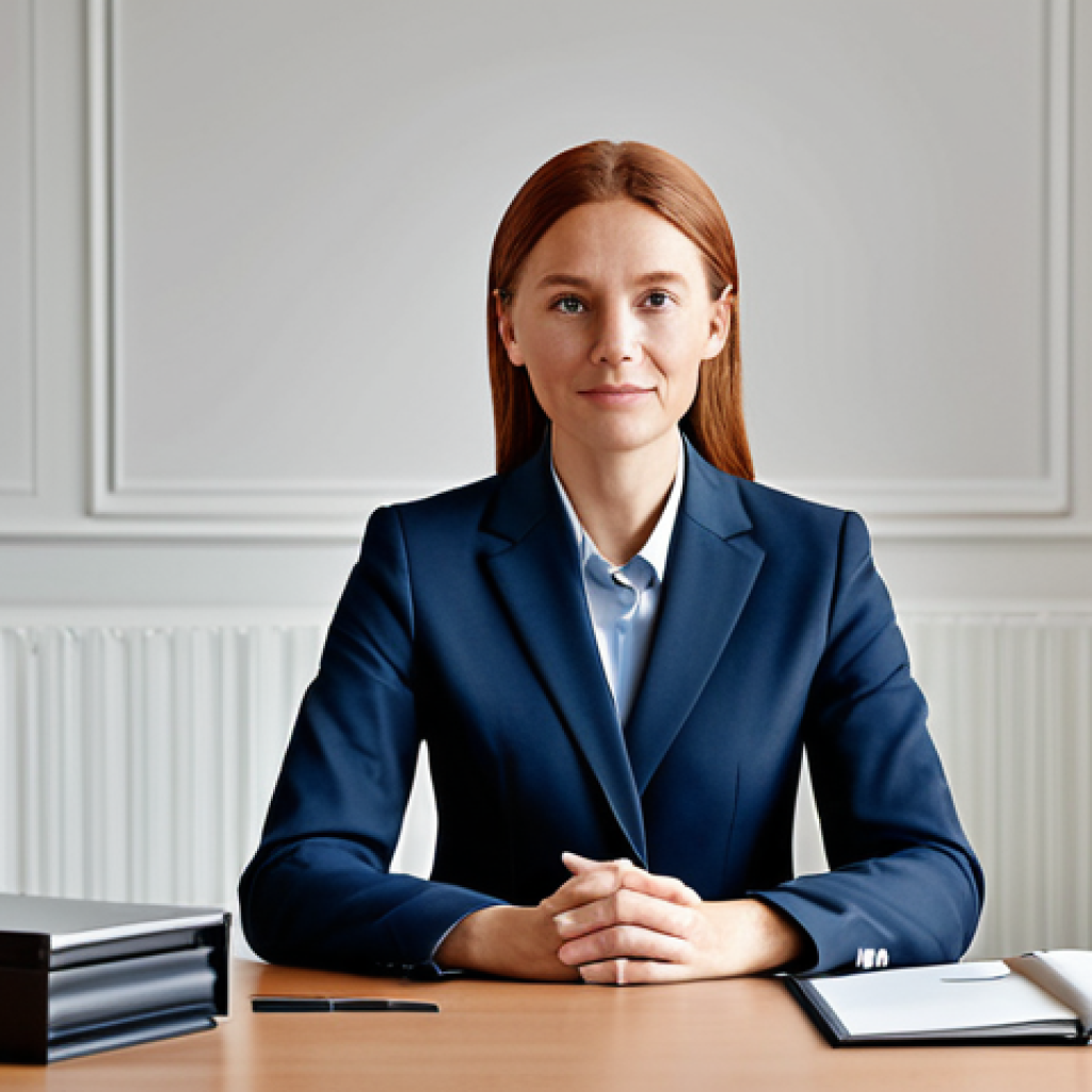 "A professional businesswoman in a modest business suit, sitting at a desk in a modern Stockholm office, fully clothed, appropriate attire, safe for work, perfect anatomy, natural proportions, professional photography, high quality."