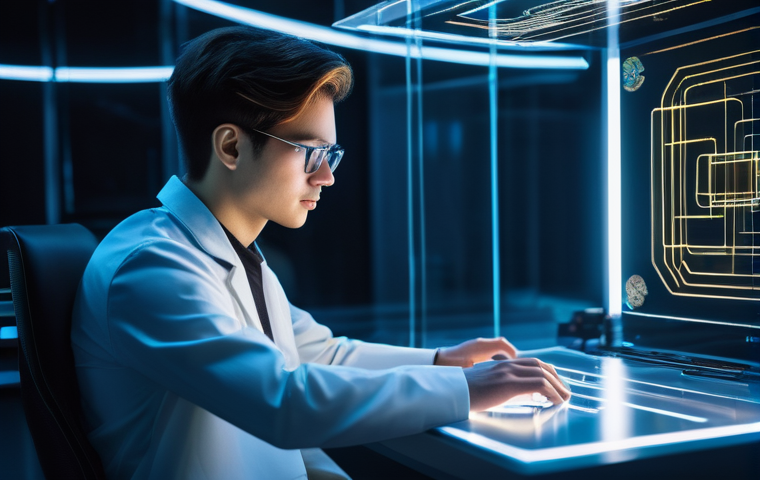 양자컴퓨터의 프로그래밍 언어 종류 - **Quantum Programmer in a Futuristic Lab**: A focused, young adult programmer, perhaps in their late...