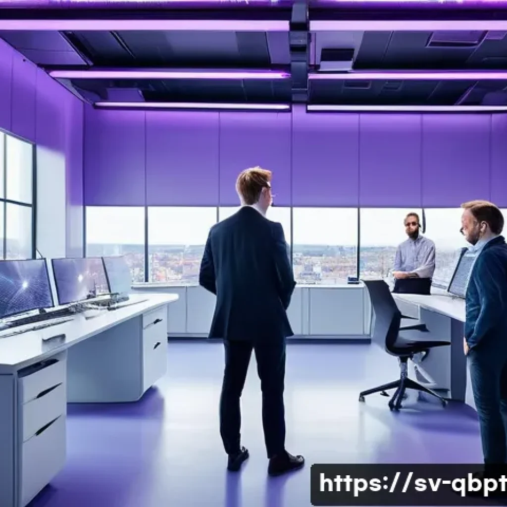 양자컴퓨팅의 기본 개념 설명 - A futuristic laboratory scene inside a sleek Scandinavian tech company, featuring a diverse team of ...