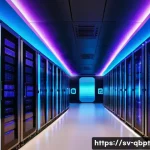 Home 17 양자 컴퓨팅과 클라우드 기술의 결합 - A futuristic cloud computing data center interior specializing in quantum computing, showcasing rack...