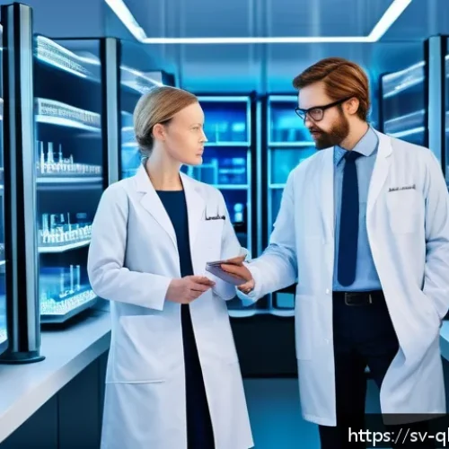 양자 기술의 혁신 사례 분석 - A futuristic Swedish medical laboratory scene showcasing quantum computing technology in action: res...