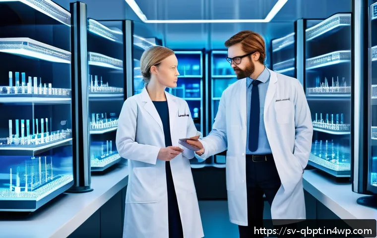 양자 기술의 혁신 사례 분석 - A futuristic Swedish medical laboratory scene showcasing quantum computing technology in action: res...