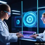 양자 컴퓨터를 활용한 생물정보학 연구 - A futuristic laboratory scene showcasing a sleek quantum computer with glowing blue and purple qubit...