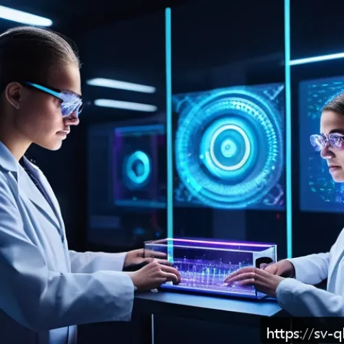 양자 컴퓨터를 활용한 생물정보학 연구 - A futuristic laboratory scene showcasing a sleek quantum computer with glowing blue and purple qubit...