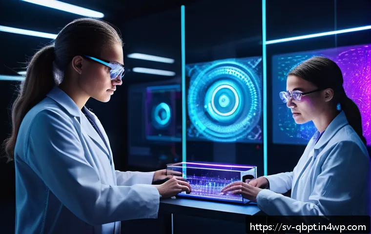 양자 컴퓨터를 활용한 생물정보학 연구 - A futuristic laboratory scene showcasing a sleek quantum computer with glowing blue and purple qubit...