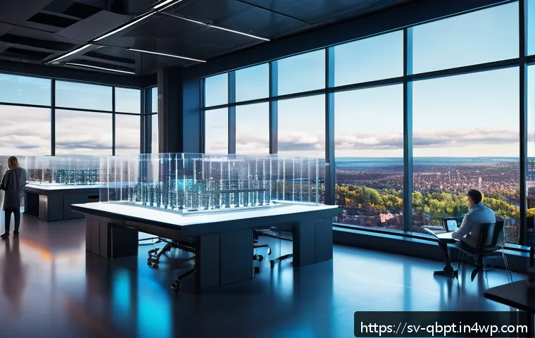 양자 알고리즘에 대한 학술적 논의 - A futuristic laboratory scene featuring scientists working with advanced quantum computers displayin...