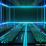 양자 컴퓨팅의 기초 교육 자료 - A futuristic laboratory scene showcasing a quantum computer in operation, with glowing qubits repres...